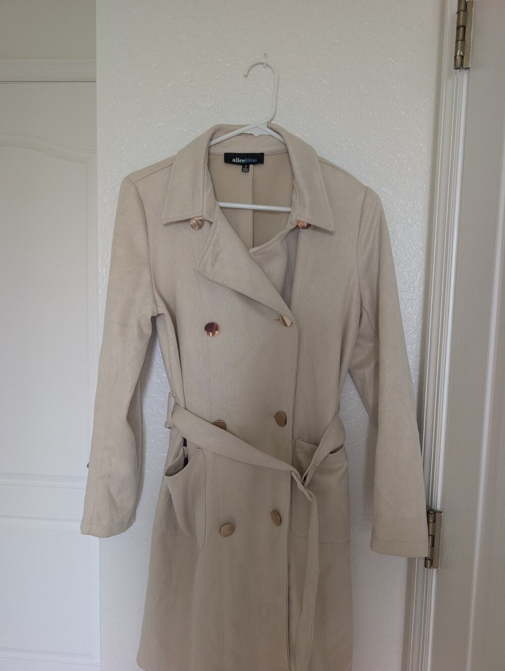 Alice Blue Faux Suede Overcoat Women’s S Ivory Shimmer Microfiber Trenchcoat